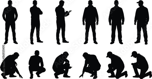 Man silhouette pose collection showing standing, thinking, checking clipboard and crouching actions isolated on white background vector illustration