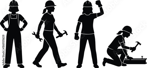 Set of silhouettes featuring female construction workers and manual laborers in hard hats using tools like hammers and wrenches for industry.