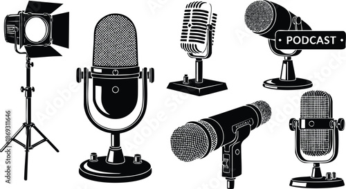 Black and white detailed vector art collection of six vintage style microphones with one studio spotlight on stand isolated on white background