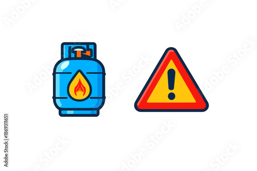 Gas cylinder with flame icon and warning sign