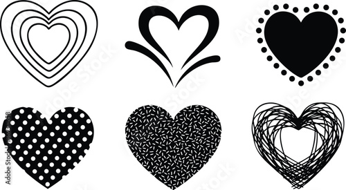 Black and white heart shapes with various patterns including polka dots lines and scribbles vector art collection isolated on white background