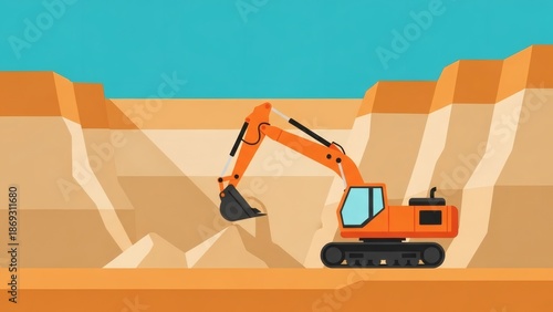 Quarry Excavator Orange machine digging land Construction site.
