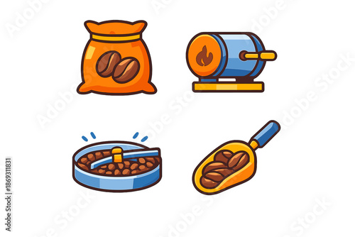 Coffee bean icons and equipment set