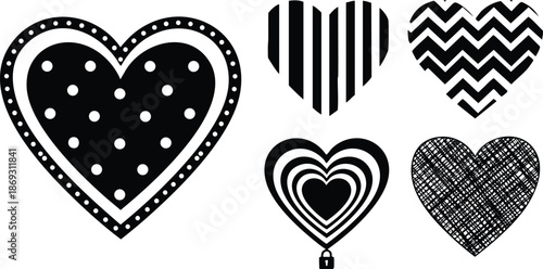 Black and white vector art of five decorative heart shapes with patterns including polka dots stripes chevrons concentric lines and crosshatch designs with padlock element