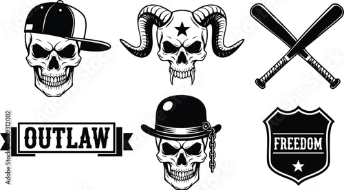 Black and white vector art collection of skulls with various hats and horns baseball bats and outlaw freedom signs detailed gothic style sharp lines and streetwear elements