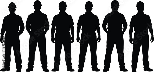 Construction worker silhouette group showing builders standing confidently in safety helmets and uniforms isolated on white background vector illustration