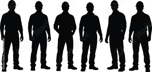 Construction worker silhouette group showing builders standing in different poses wearing safety helmets isolated on white background vector illustration