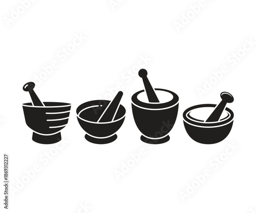 herb mortar and pestle icons set