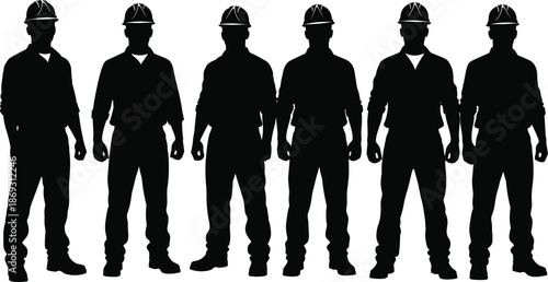 Construction worker silhouette group showing strong builders standing together wearing safety helmets isolated on white background vector illustration