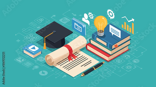 Isometric Graduation Concept Diploma, Mortarboard, Books, Education, Online Learning