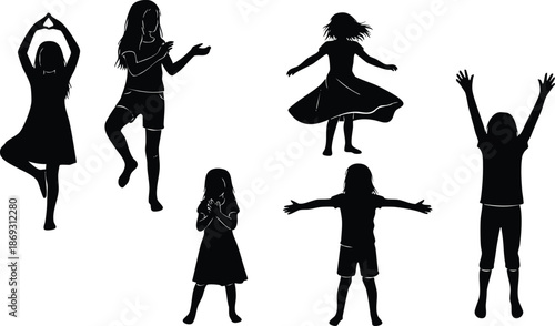 Silhouettes of six girls in various dynamic energetic poses including yoga tree pose dancing jumping and stretching in solid black style isolated on white background