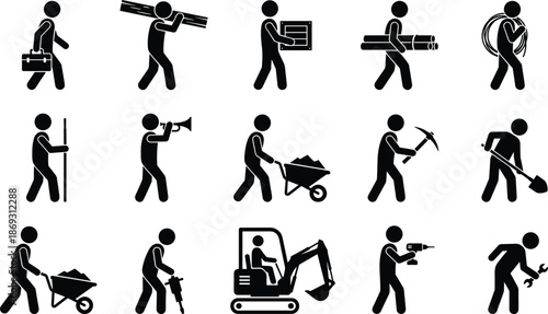 Construction worker silhouette icon set showing builders carrying materials, using tools and heavy machinery isolated on white background vector illustration