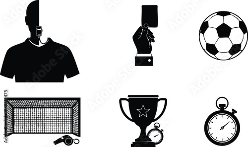 Black silhouette vector icons set featuring soccer referee with headset holding red card whistle and stopwatch alongside soccer ball goal and winner trophy with star