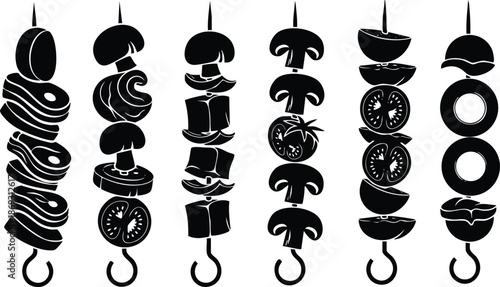 Silhouette vector art of diverse food skewers with meat mushrooms tomato cucumber and onion arranged on sticks in vertical layout isolated on white background