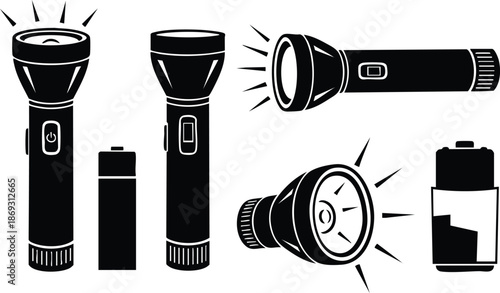 Black and white vector art set of shining flashlights with batteries different angles and light rays simple icon style for camping and emergency use illustrations