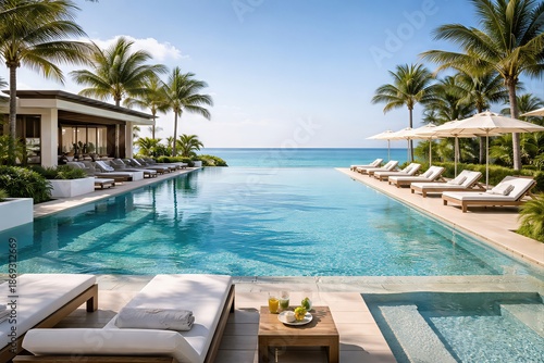 Luxurious tropical resort poolside with modern lounge chairs and palm trees overlooking serene ocean, embodying tranquility and relaxation in a sunlit paradise