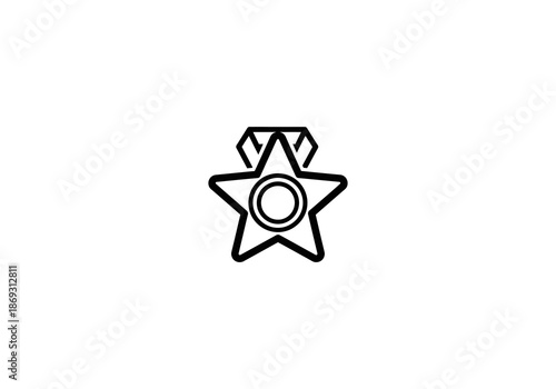 Vector Ilustration Concept Minimalist black line art icon of a five-pointed star medal with a central circle and ribbon.
