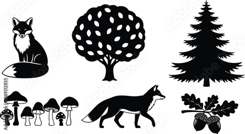 Black and white vector art of sitting fox walking fox pine tree leafy tree acorns and various mushrooms in natural forest style illustration