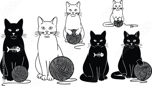 Black and white minimalist vector art of cats playing with yarn balls sitting in various poses with fishbone symbol on black cats in simple line art style
