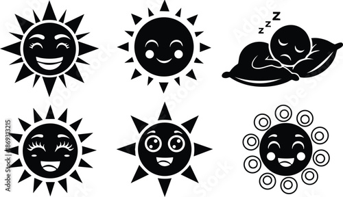 Black and white sun icon set with various smiling happy expressions and sleeping emoji character resting on pillows in simple flat design style isolated on white background