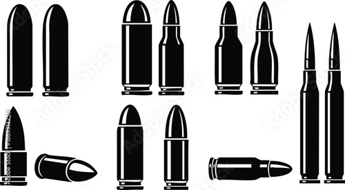 Black silhouette vector art showing different bullet types including pistol and rifle ammunition side by side in simple flat design isolated on white background