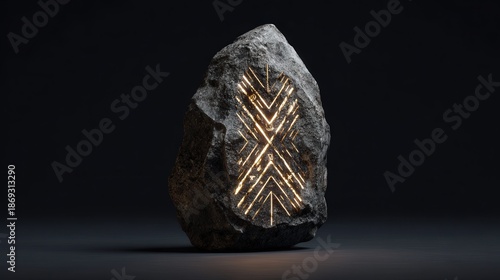 Ancient rune stone glowing lines isolated on white background