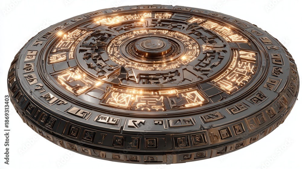 Fototapeta premium Ancient sci-fi relic artifact glowing with runic patterns isolated on white background