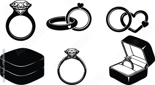 Black and white vector art set of diamond engagement rings wedding bands wedding ring box and heart shaped ring design collection