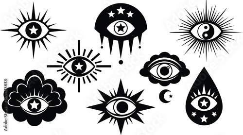Black and white mystical eye symbols with star and yin yang designs in various abstract shapes and rays collection of flat vector art icons