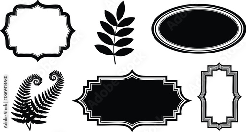 Black and white ornate frames with classic decorative shapes and fern leaf silhouette flat vector design elements for vintage label decoration and elegant borders
