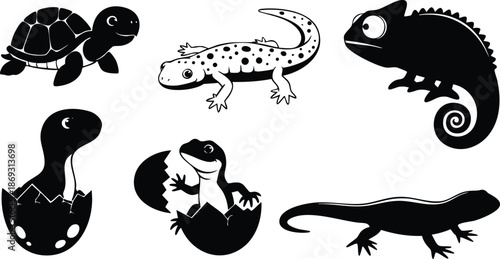 Black and white silhouette vector art collection featuring turtle lizard hatchling emerging from egg gecko with spots chameleon with curled tail isolated on white background