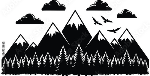 Black and white vector art of snow capped mountain peaks with dense pine forest and birds flying above under cloudy sky silhouette landscape design