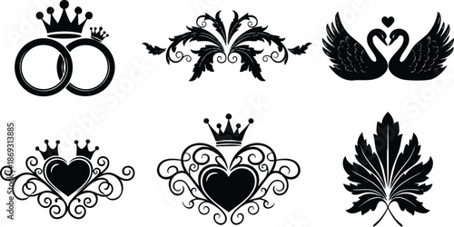 Black vector art set of crowned wedding rings floral swan silhouettes heart designs and vintage leaf ornaments with elegant swirling details and romantic symbols