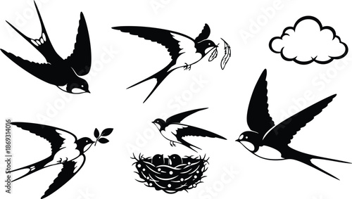 Black and white vector art of five swallows flying carrying leaves and feathers around nest with eggs and cloud silhouette illustration