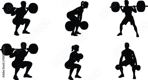 Silhouettes of male and female athletes performing various weightlifting squats and exercises holding barbells and dumbbells in different stances isolated on white background