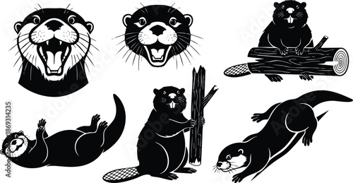 Black and white vector art set showing happy and playful otter faces and poses holding wood and swimming in various angles isolated on white background