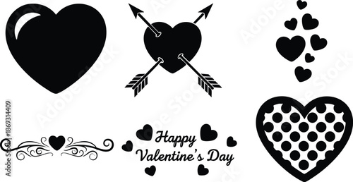 Black silhouette flat design heart symbols including shiny heart arrow pierced heart group of hearts decorative flourish and valentines day greeting text illustration