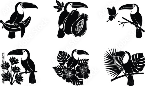 Black silhouette toucan birds perched on tropical fruits flowers and leaves set with banana papaya butterfly and hibiscus in vector icon style isolated on white background