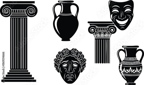 Black silhouette vector art of ancient greek column amphora vases and comedy tragedy theater masks set isolated on white background classic antique cultural symbols design