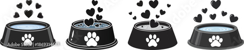 Bold black water bowl with dog paw print floating hearts illustration pet love care graphic