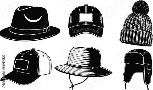 Black and white detailed vector art of six different hat styles including fedora cap baseball caps knit beanie bucket hat and winter trapper hat with pompom and ear flaps