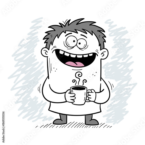 Funny cartoon man with messy hair holding a steaming coffee mug with a crazed happy expression for a good morning concept