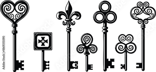 Black and white ornate vintage skeleton keys collection with various decorative bow shapes including heart fleur de lis and circular designs isolated on white background in detailed vector art style