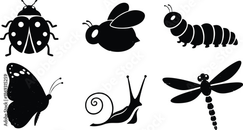 Black silhouette vector set of six different insects and small creatures including ladybug bee caterpillar butterfly snail and dragonfly isolated on white background simple flat design