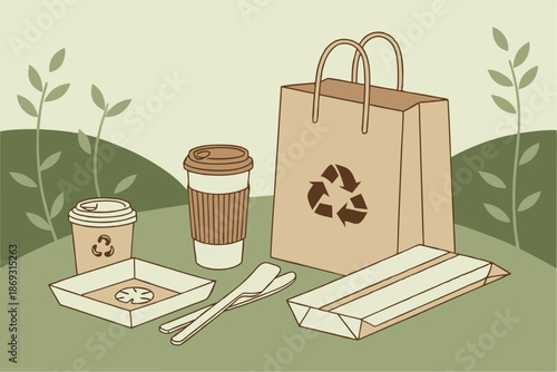  Eco-friendly packaging, biodegradable containers, recycling symbols, paper coffee cups, wooden utensils, kraft paper bag, cardboard food containers, green blurred background, sustainable products, 
