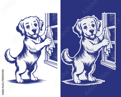 Cute Puppy Cleaning a Window Illustration