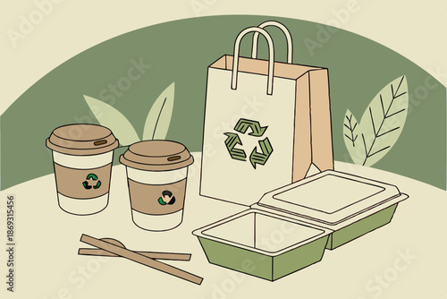  Eco-friendly packaging, biodegradable containers, recycling symbols, paper coffee cups, wooden utensils, kraft paper bag, cardboard food containers, green blurred background, sustainable products, 