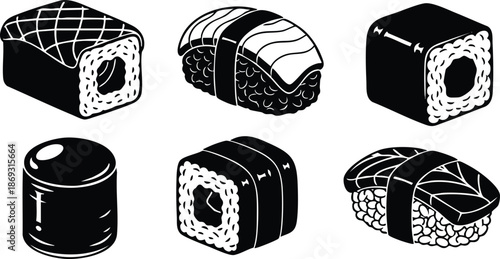 Black and white minimalist vector art of sushi pieces including nigiri and maki rolls arranged in simple flat design isolated on white background with high contrast