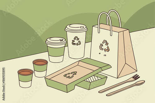  Eco-friendly packaging, biodegradable containers, recycling symbols, paper coffee cups, wooden utensils, kraft paper bag, cardboard food containers, green blurred background, sustainable products, 