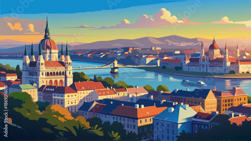 Very beautiful aerial sunrise panorama of Budapest, Hungary, capturing Buda Castle, Szechenyi Chain Bridge, Hungarian Parliament, and Matthias Church under a clear blue sky and soft morning light.